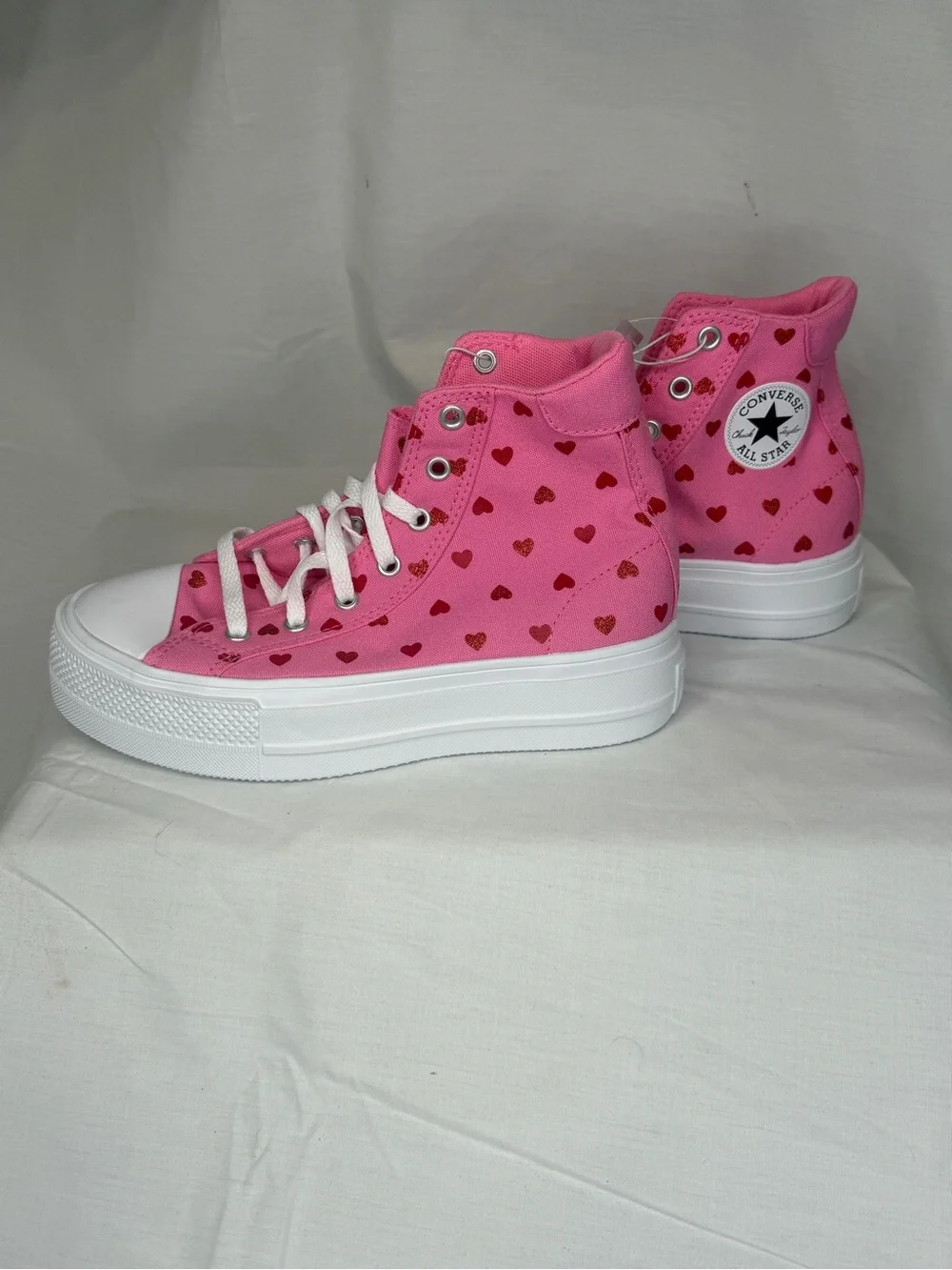 Converse High-Top Pink Canvas Sneakers with Red Heart Print